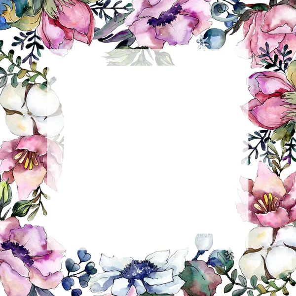 Mazzo di fiori botanici floreali rosa. Acquerello sfondo illustrazione set. Quadrato ornamento bordo cornice . — Foto Stock