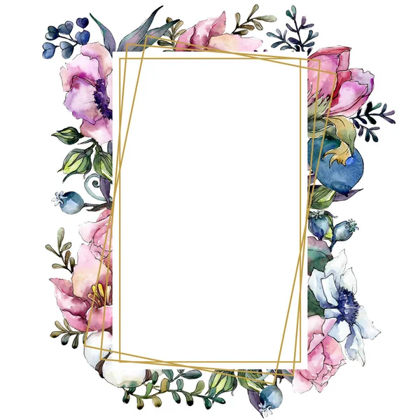 Roze bloemen botanische bloemboeket. Aquarel achtergrond afbeelding instellen. Frame grens ornament vierkant. — Stockfoto