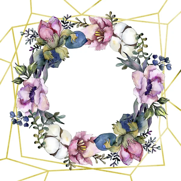 Ramo de flores botánicas florales rosadas. Conjunto de ilustración de fondo acuarela. Marco borde ornamento cuadrado . — Foto de Stock