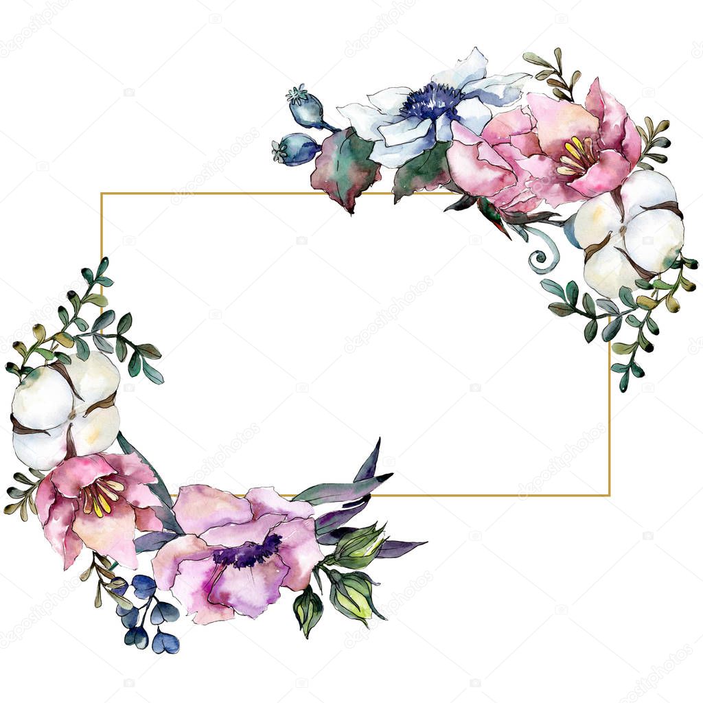 Pink floral botanical flower bouquet. Watercolor background illustration set. Frame border ornament square.