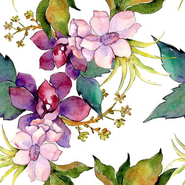 Pembe ve mor botanik çiçek buketi. Suluboya resim kümesi. Sorunsuz arka plan deseni.