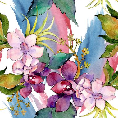 Pembe ve mor botanik çiçek buketi. Suluboya resim kümesi. Sorunsuz arka plan deseni.