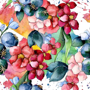 Kırmızı ve mor botanik çiçek buketi. Suluboya resim kümesi. Sorunsuz arka plan deseni.