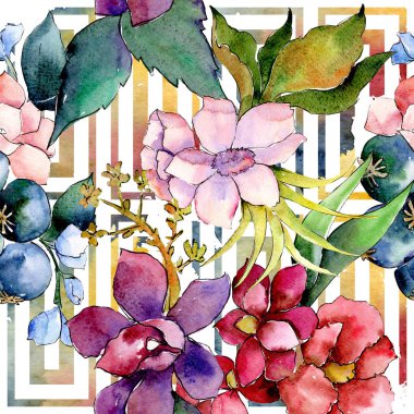 Kırmızı ve mor botanik çiçek buketi. Suluboya resim kümesi. Sorunsuz arka plan deseni.