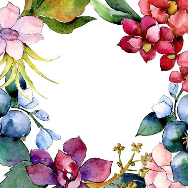 Kırmızı ve mor botanik çiçek buketi. Suluboya arka plan illüstrasyon küme. Çerçeve kenarlığı süsleme Meydanı.