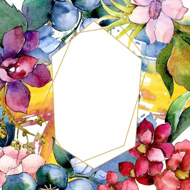 Kırmızı ve mor botanik çiçek buketi. Suluboya arka plan illüstrasyon küme. Çerçeve kenarlığı süsleme Meydanı.