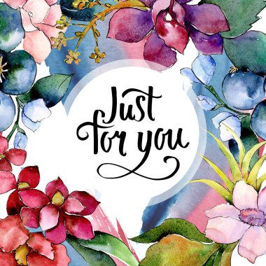 Kırmızı ve mor botanik çiçek buketi. Suluboya arka plan illüstrasyon küme. Çerçeve kenarlığı süsleme Meydanı.