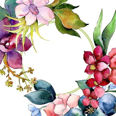 Kırmızı ve mor botanik çiçek buketi. Suluboya arka plan illüstrasyon küme. Çerçeve kenarlığı süsleme Meydanı.