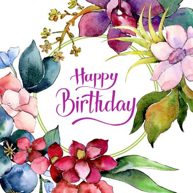 Kırmızı ve mor botanik çiçek buketi. Suluboya arka plan illüstrasyon küme. Çerçeve kenarlığı süsleme Meydanı.