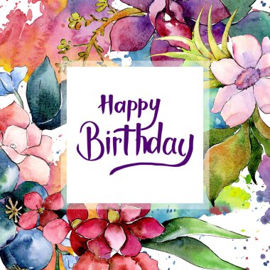 Kırmızı ve mor botanik çiçek buketi. Suluboya arka plan illüstrasyon küme. Çerçeve kenarlığı süsleme Meydanı.