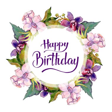 Pembe ve mor botanik çiçek buketi. Suluboya arka plan illüstrasyon küme. Çerçeve kenarlığı süsleme Meydanı.