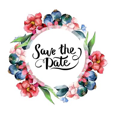 Kırmızı ve mor botanik çiçek buketi. Suluboya arka plan illüstrasyon küme. Çerçeve kenarlığı süsleme Meydanı.