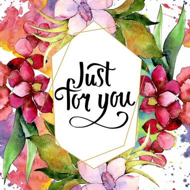 Kırmızı ve mor botanik çiçek buketi. Suluboya arka plan illüstrasyon küme. Çerçeve kenarlığı süsleme Meydanı.