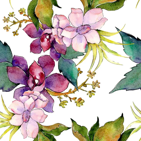 Pembe ve mor botanik çiçek buketi. Suluboya resim kümesi. Sorunsuz arka plan deseni.