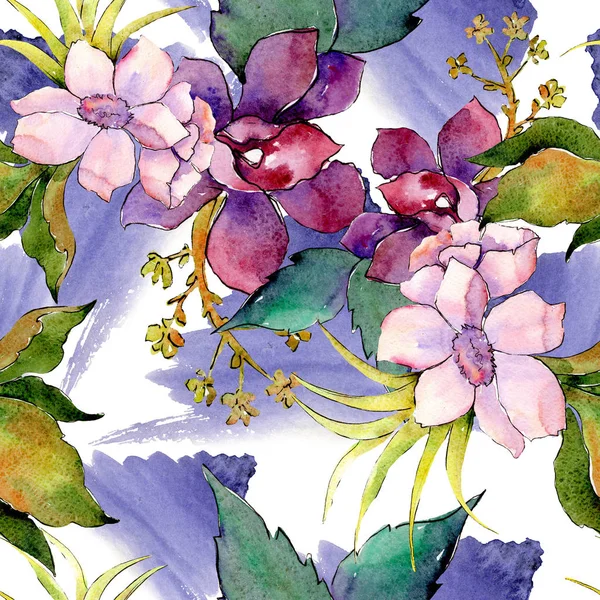 Růžové a fialové květinové botanické květin kytice. Sada akvarel ilustrace. Vzor bezešvé pozadí. — Stock fotografie