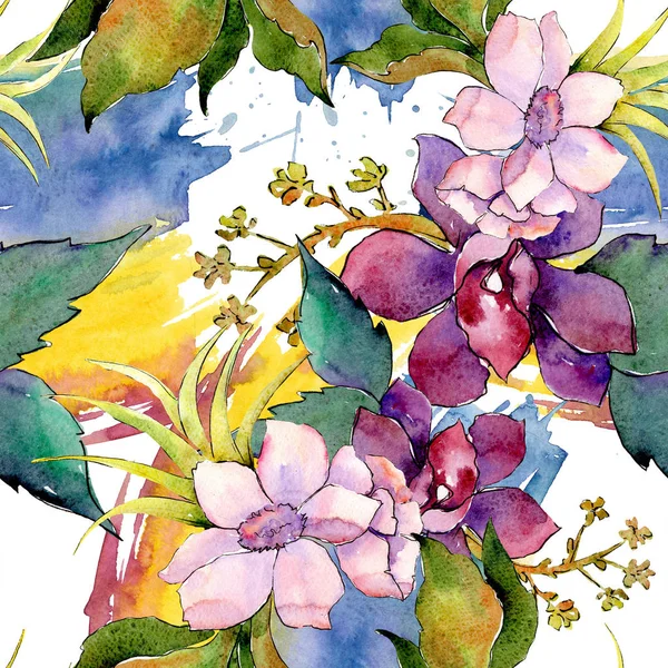Pembe ve mor botanik çiçek buketi. Suluboya resim kümesi. Sorunsuz arka plan deseni.