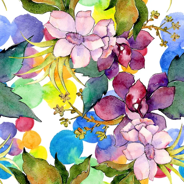 ピンクと紫の花植物花の花束。水彩イラスト セット。シームレスな背景パターン. — ストック写真