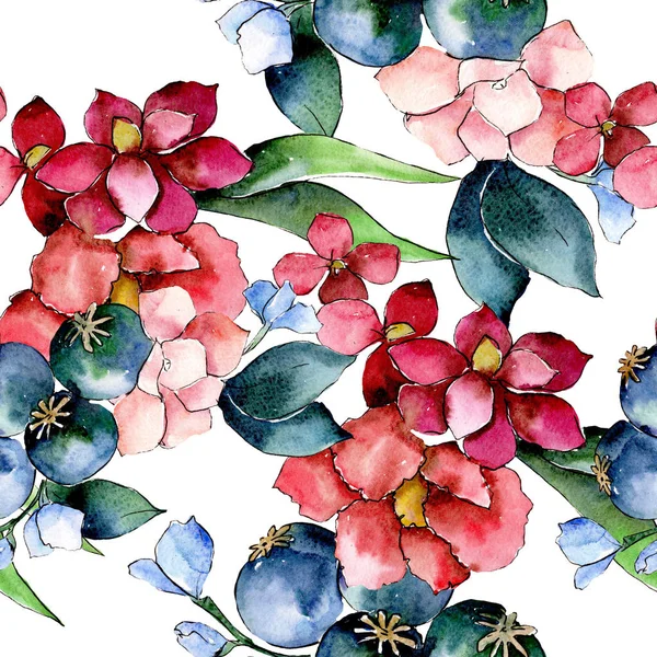 Kırmızı ve mor botanik çiçek buketi. Suluboya resim kümesi. Sorunsuz arka plan deseni.