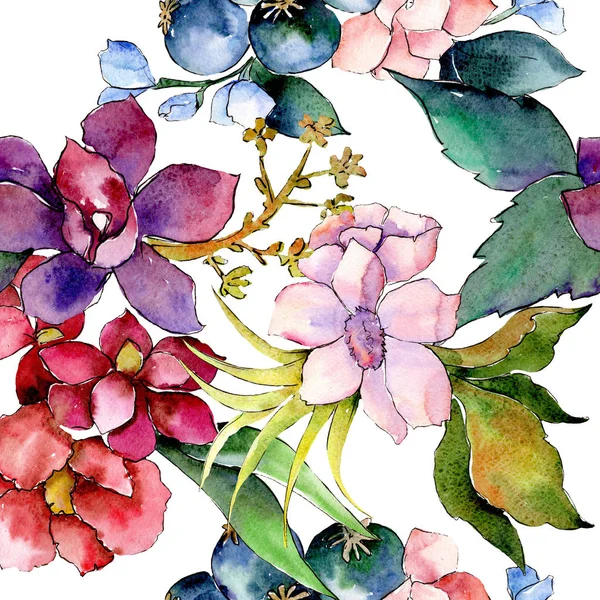 Buquê de flores botânicas florais vermelhas e roxas. Conjunto de ilustrações aquarela. Padrão de fundo sem costura . — Fotografia de Stock