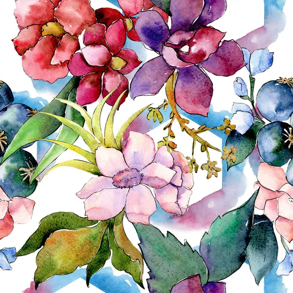 Rött och lila blommig botaniska blombukett. Akvarell illustration set. Sömlös bakgrundsmönster. — Stockfoto