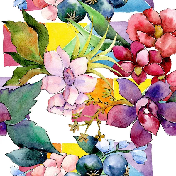 Kırmızı ve mor botanik çiçek buketi. Suluboya resim kümesi. Sorunsuz arka plan deseni.