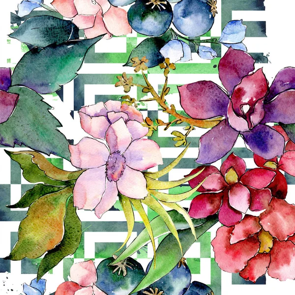 Kytice červené a fialové květinové botanické květin. Sada akvarel ilustrace. Vzor bezešvé pozadí. — Stock fotografie