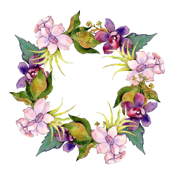 Pink and purple floral botanical flower bouquet. Watercolor background illustration set. Frame border ornament square.