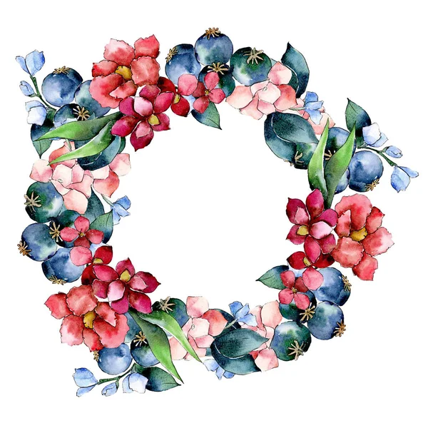 Kırmızı ve mor botanik çiçek buketi. Suluboya arka plan illüstrasyon küme. Çerçeve kenarlığı süsleme Meydanı.