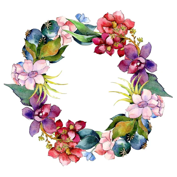 Kırmızı ve mor botanik çiçek buketi. Suluboya arka plan illüstrasyon küme. Çerçeve kenarlığı süsleme Meydanı.