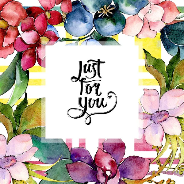 Kırmızı ve mor botanik çiçek buketi. Suluboya arka plan illüstrasyon küme. Çerçeve kenarlığı süsleme Meydanı.