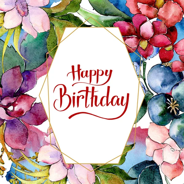 Kırmızı ve mor botanik çiçek buketi. Suluboya arka plan illüstrasyon küme. Çerçeve kenarlığı süsleme Meydanı.