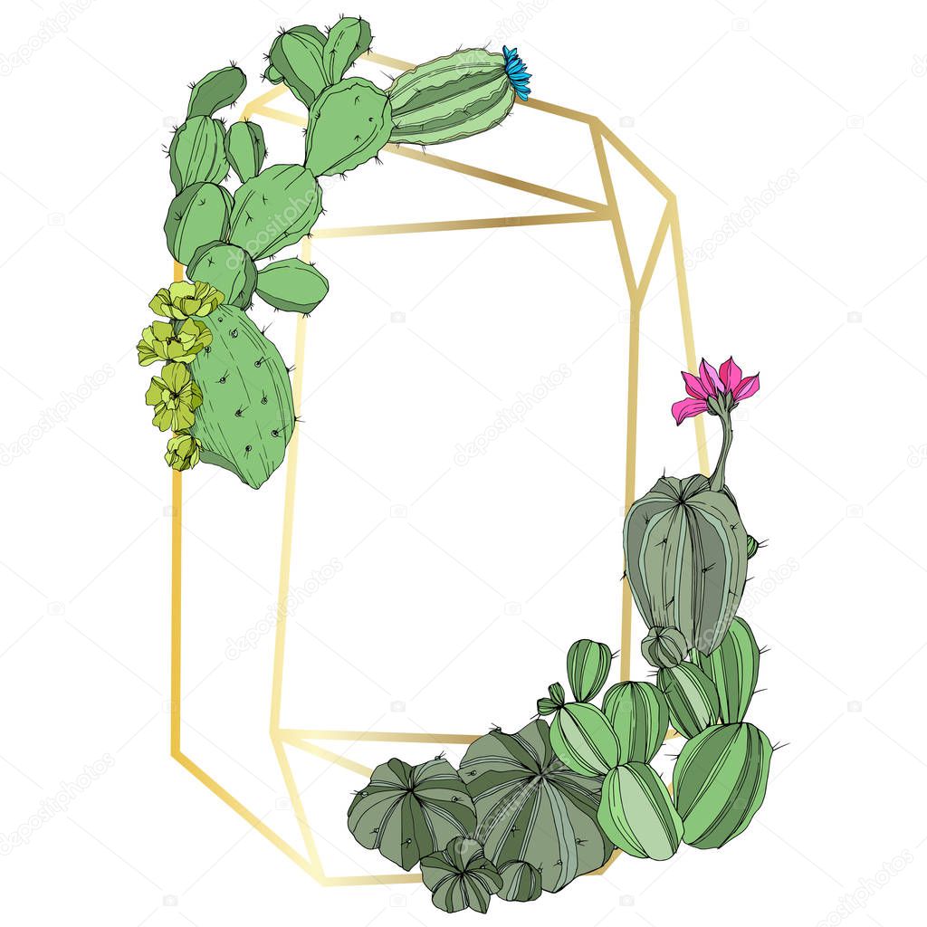 Vector Green cactus floral botanical flower. Engraved ink art. Frame border ornament square.