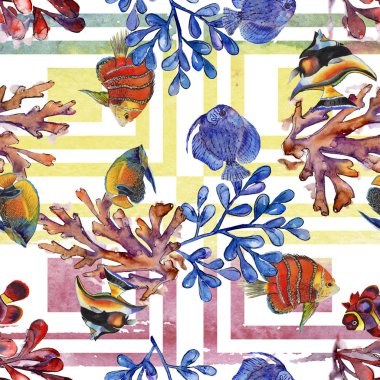 Sulu boya su sualtı renkli tropikal balık resimde kümesi. Sorunsuz arka plan deseni.