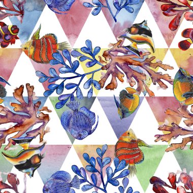 Sulu boya su sualtı renkli tropikal balık resimde kümesi. Sorunsuz arka plan deseni.