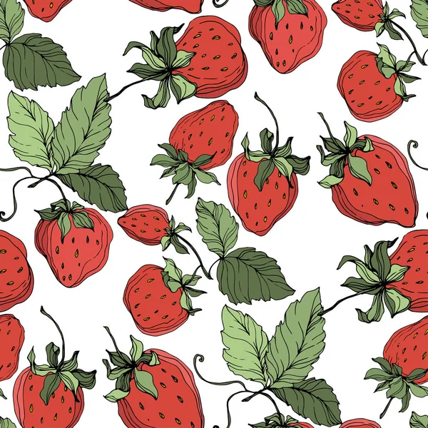 Vektor-Erdbeerfrüchte. Grünes Blatt. rote und grüne Gravurtintenkunst. nahtloses Hintergrundmuster. — Stockvektor