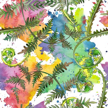 Fern yeşil yaprak. Suluboya arka plan illüstrasyon küme. Sorunsuz arka plan deseni.