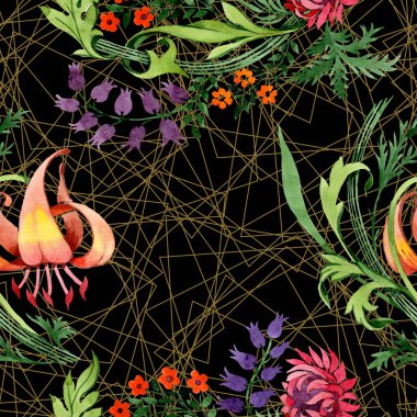 Süs Çiçek Botanik çiçekler. Suluboya arka plan illüstrasyon küme. Sorunsuz arka plan deseni.