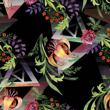 Süs Çiçek Botanik çiçekler. Suluboya arka plan illüstrasyon küme. Sorunsuz arka plan deseni.