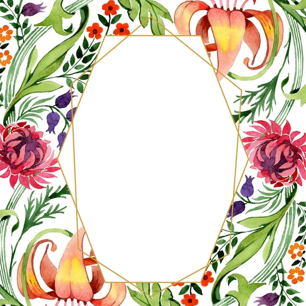 Adorno de flores botánicas florales. Conjunto de ilustración de fondo acuarela. Marco borde ornamento cuadrado . — Foto de Stock