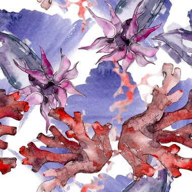 Mor ve kırmızı su sualtı doğa mercan kayalığı. Suluboya resim kümesi. Sorunsuz arka plan deseni.