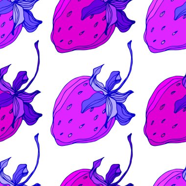 Çilek meyve vektör. Pembe oyulmuş mürekkep sanat. Sorunsuz arka plan deseni.