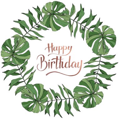 Vektör yaprak yeşil bitki botanik yeşillik. Oyulmuş mürekkep sanat. Palm beach ağaç yaprak. Çerçeve kenarlığı süsleme Meydanı.