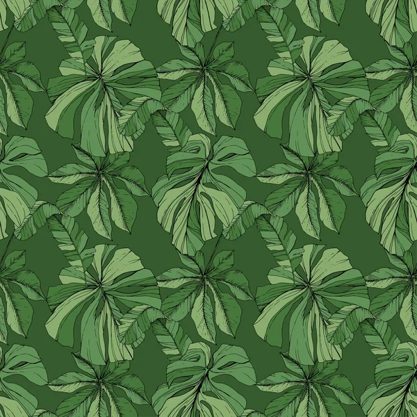 Vector Folha verde planta jardim folhagem floral. Arte de tinta gravada. Folhas de palmeiras. Padrão de fundo sem costura . — Vetor de Stock