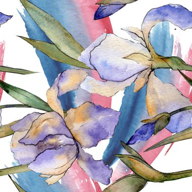 Mor Iris botanik çiçek. Suluboya arka plan illüstrasyon küme. Sorunsuz arka plan deseni.