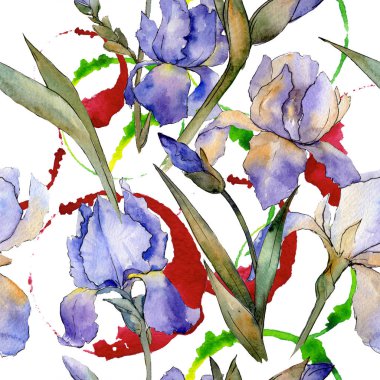 Mor Iris botanik çiçek. Vahşi bahar yaprak izole. Suluboya resim kümesi. Suluboya çizim moda aquarelle. Sorunsuz arka plan deseni. Kumaş duvar kağıdı yazdırma doku.