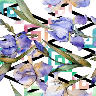 Mor Iris botanik çiçek. Suluboya arka plan illüstrasyon küme. Sorunsuz arka plan deseni.