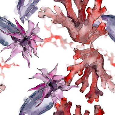 Mor ve kırmızı su sualtı doğa mercan kayalığı. Suluboya resim kümesi. Sorunsuz arka plan deseni.