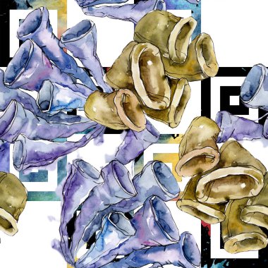 Mor ve kırmızı su sualtı doğa mercan kayalığı. Suluboya resim kümesi. Sorunsuz arka plan deseni.