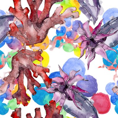 Mor ve kırmızı su sualtı doğa mercan kayalığı. Suluboya resim kümesi. Sorunsuz arka plan deseni.