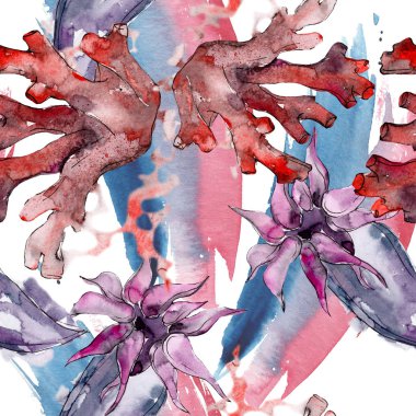 Mor ve kırmızı su sualtı doğa mercan kayalığı. Suluboya resim kümesi. Sorunsuz arka plan deseni.